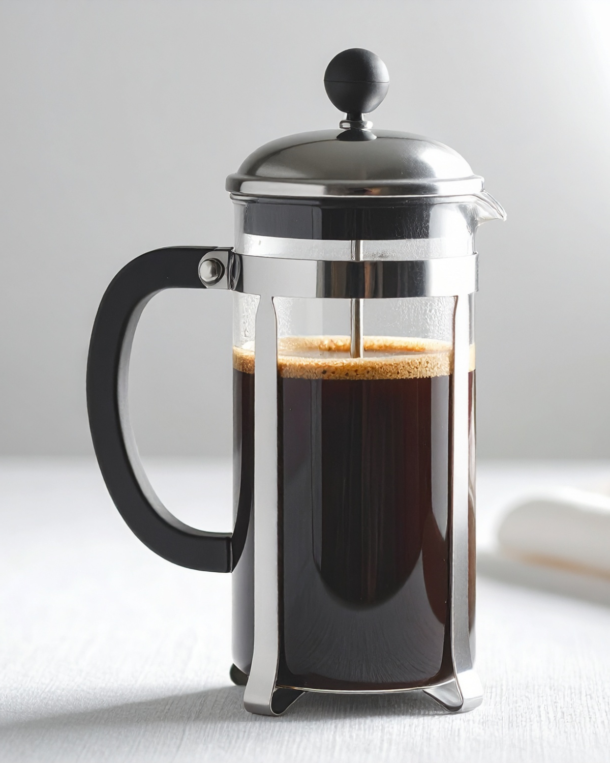 pour over vs french press – classic french press with plunger and coarse grounds